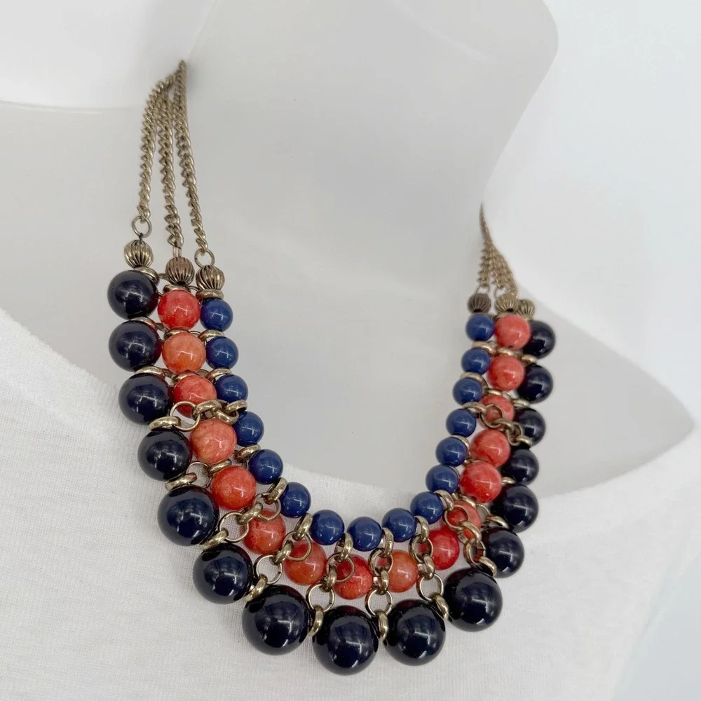 Eva Mendes NY & Co Triple Strand Bib Necklace Blue Coral Bead Gold Tone 103-192